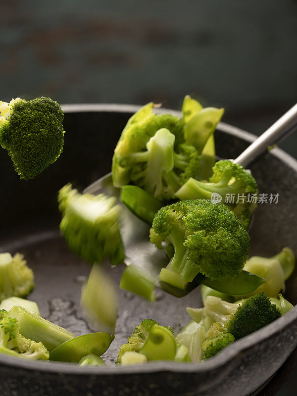 新鲜的花椰菜和其他绿色蔬菜在煤气炉上的煎锅里炒/炒，以深绿松石色为背景。